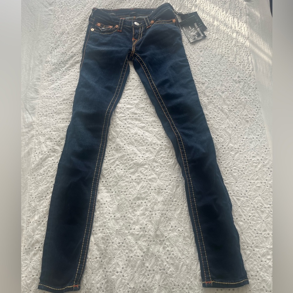 True Religion Dark Blue Skinny Jeans with Orange Stitching